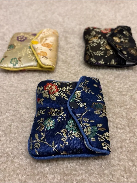 Asian Chinese Blue Black Gold Mini Pouch Bag Lot of 3 Floral Pattern Zip Button - Picture 3 of 12
